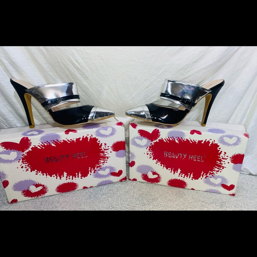 Vintage “Disco Fever” Black and Silver size 8.5 Mule Heels
